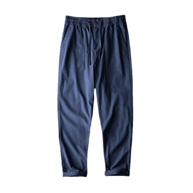 Men's linen trousers in navy blue, apricot linen or grey with mid-waist fit and trouser length