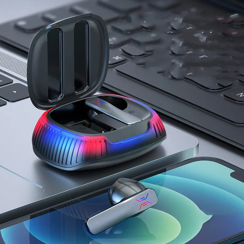 Hall Flashing wireless gaming headset in black or white with earplug design and Type-C charging cable
