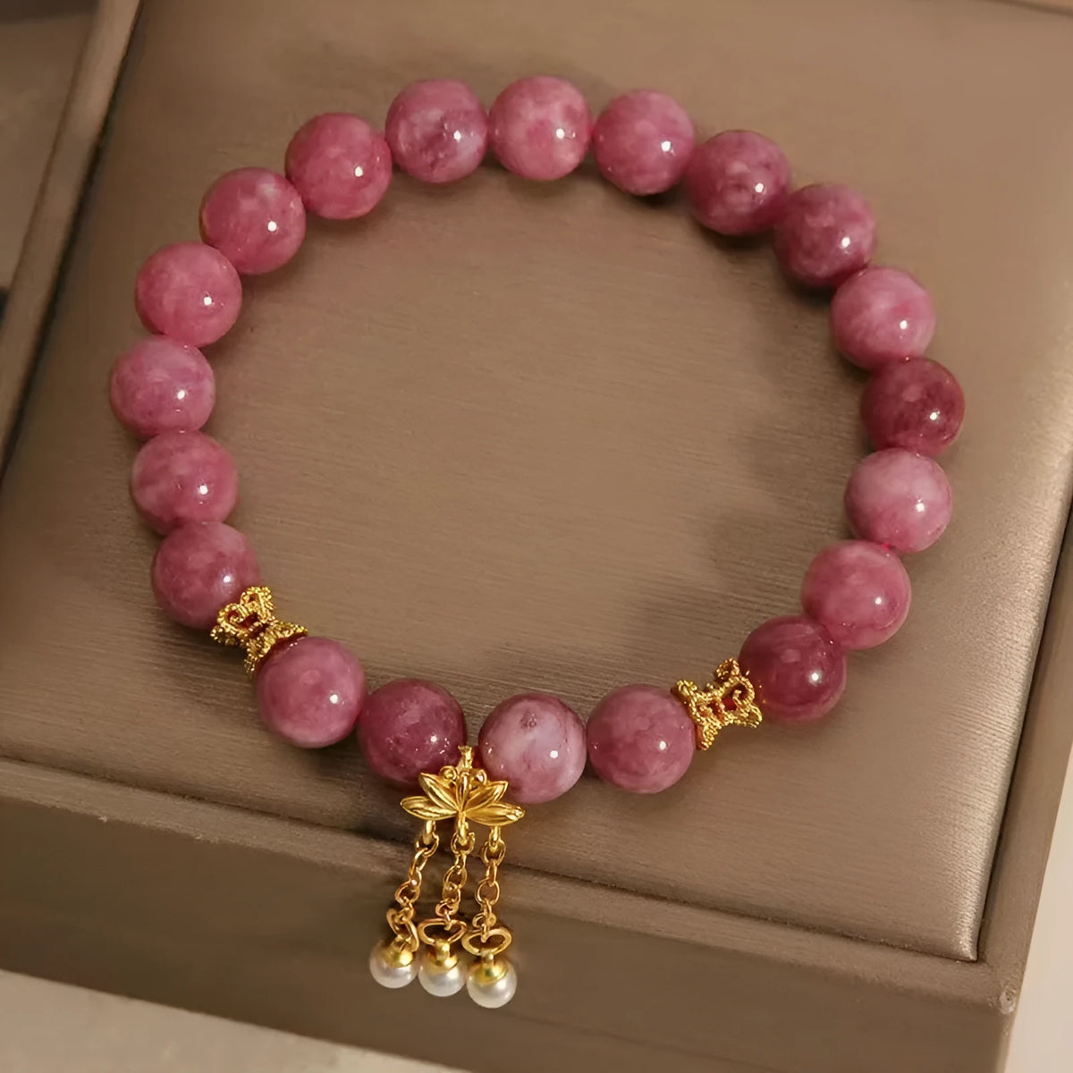 Pink lotus tassel natural stone bracelet with pearl pendant and electroplated crystals