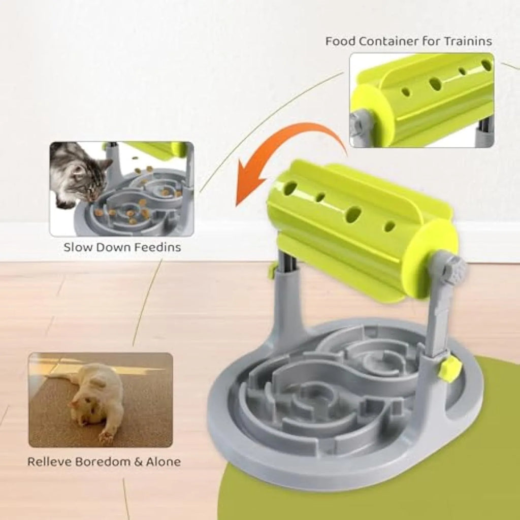 Interactive pet puzzle feeder bowl with adjustable height in blue, green and pink colour options