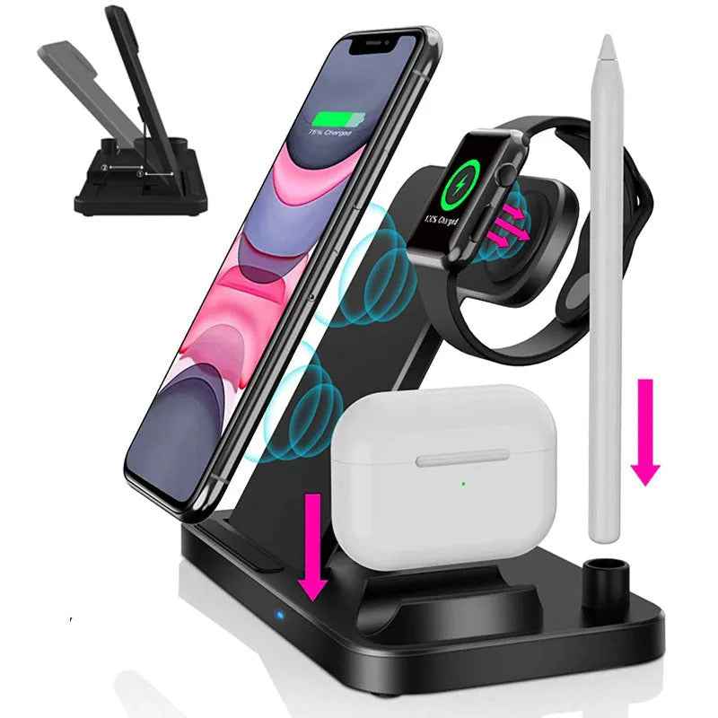 Black folding 4-in-1 wireless charger standing vertically, charging an iPhone and an Apple Pencil.