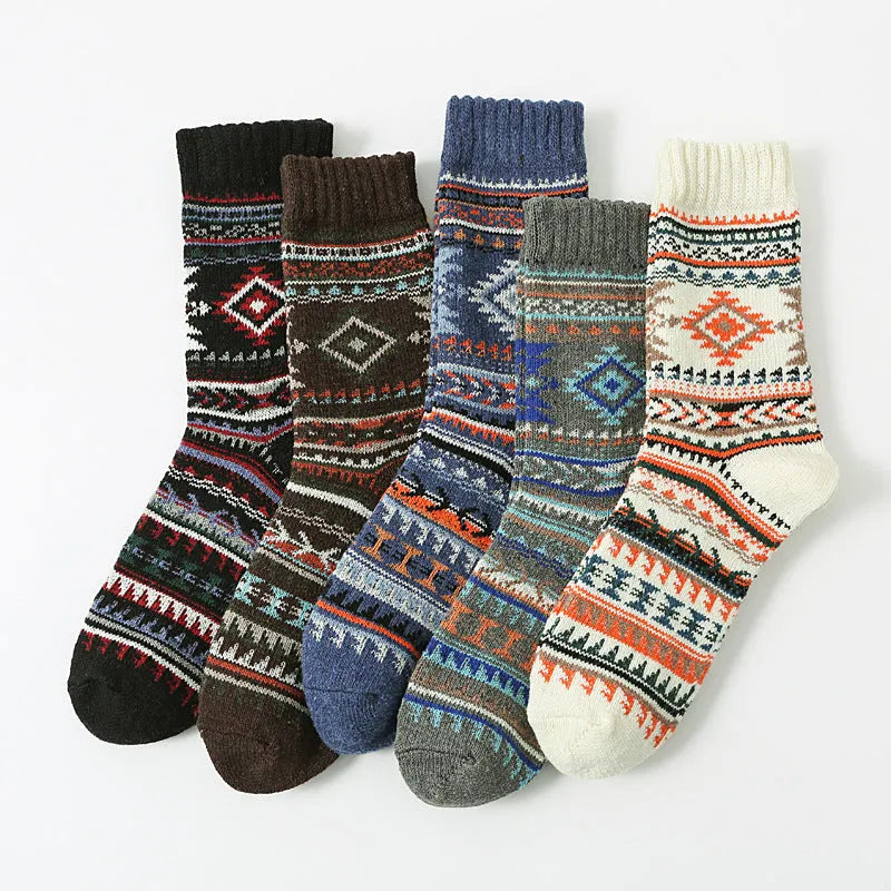 Retro cotton men's anti-friction mid-calf socks in a thick needle large square pattern, 5 pairs pack