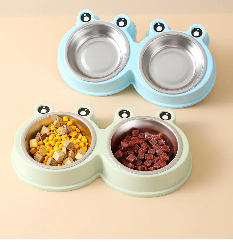 Stainless steel pet double bowl with non-slip frog base in blue, green, and pink colour options