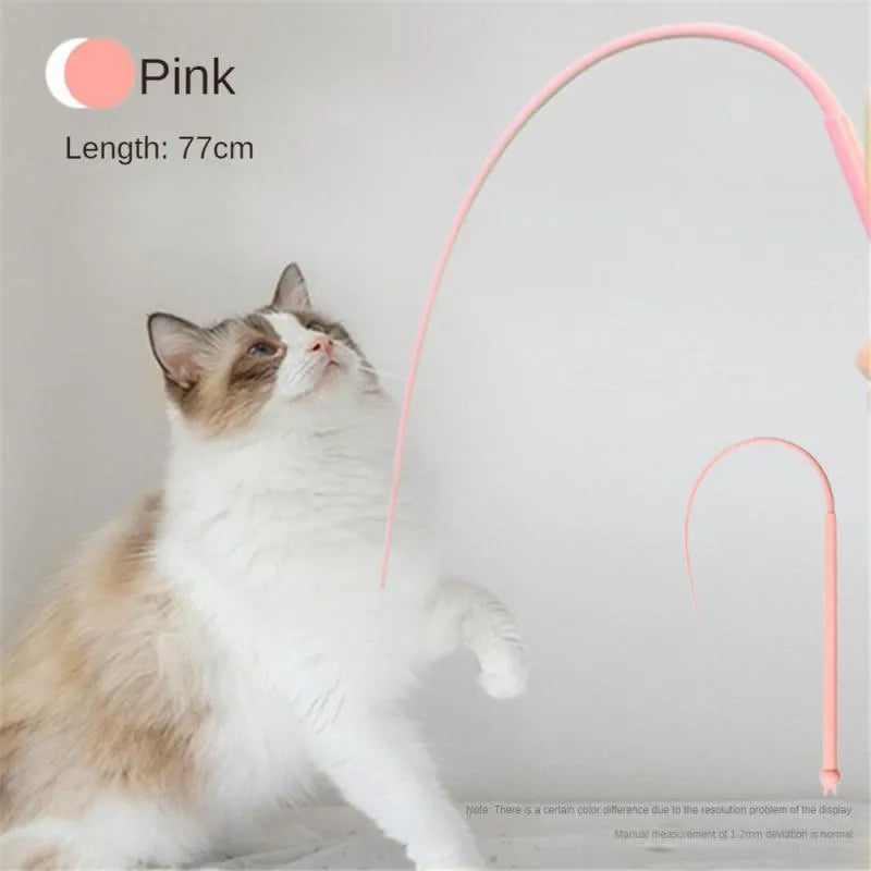 Blue interactive cat teaser stick with silicone mouse tail and cat head handle on a wooden floor.
