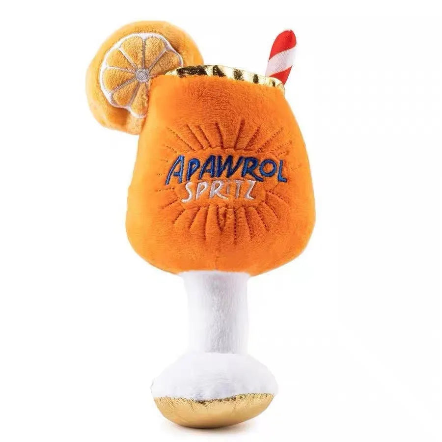 Yellow plush beer bottle squeaky dog toy with teeth-cleaning feature measuring 7cm