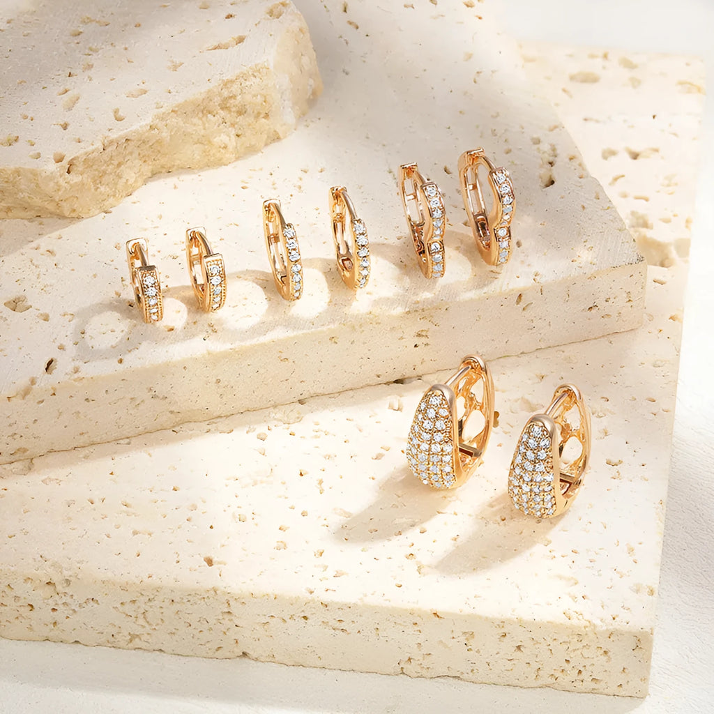 Brass gold plated heart-shaped clip earrings with zircon and gang drill decoration on copper