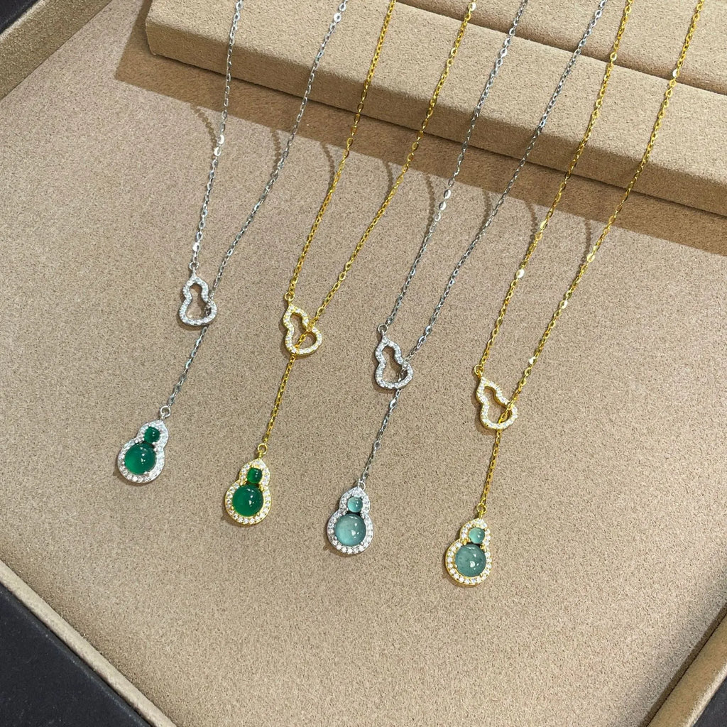 925 silver double gourd jade necklace with O-link chain and electroplated finish, 41-50cm