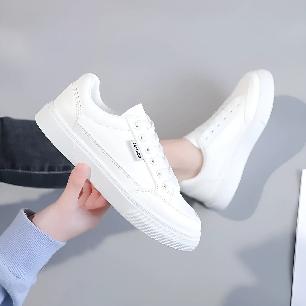 Korean style low top women's sneakers in white and brown with artificial PU upper