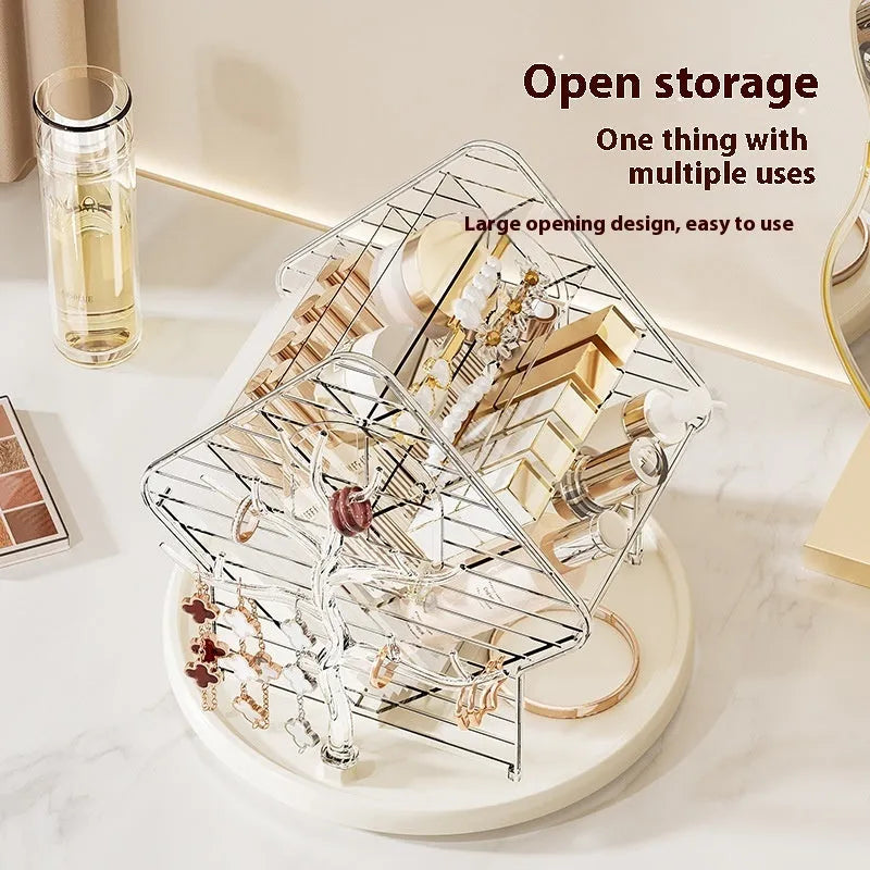 Plastic rotating cosmetics storage box with 360-degree turn in clear or amber gold colour