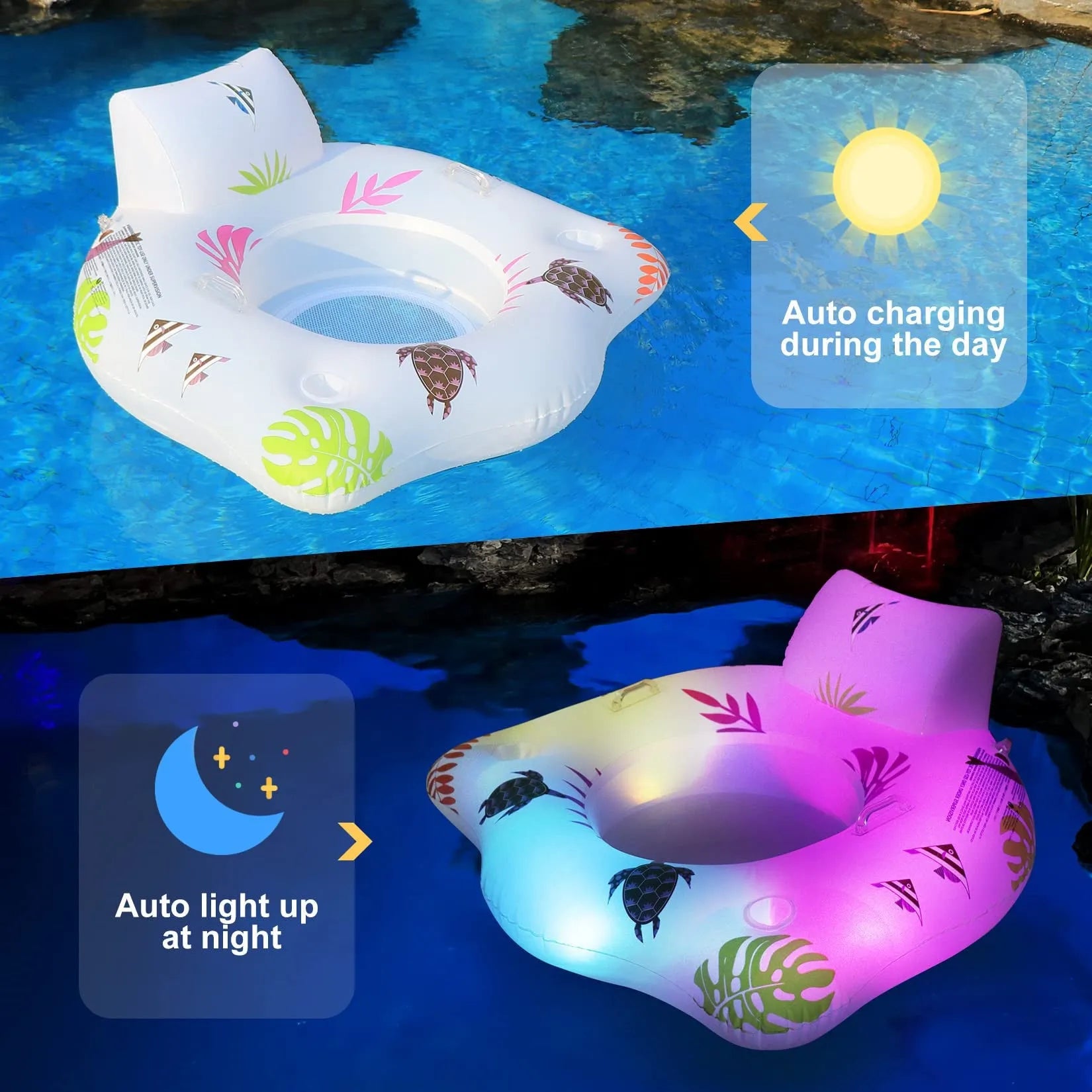 White U-shaped luminous inflatable float recliner on water