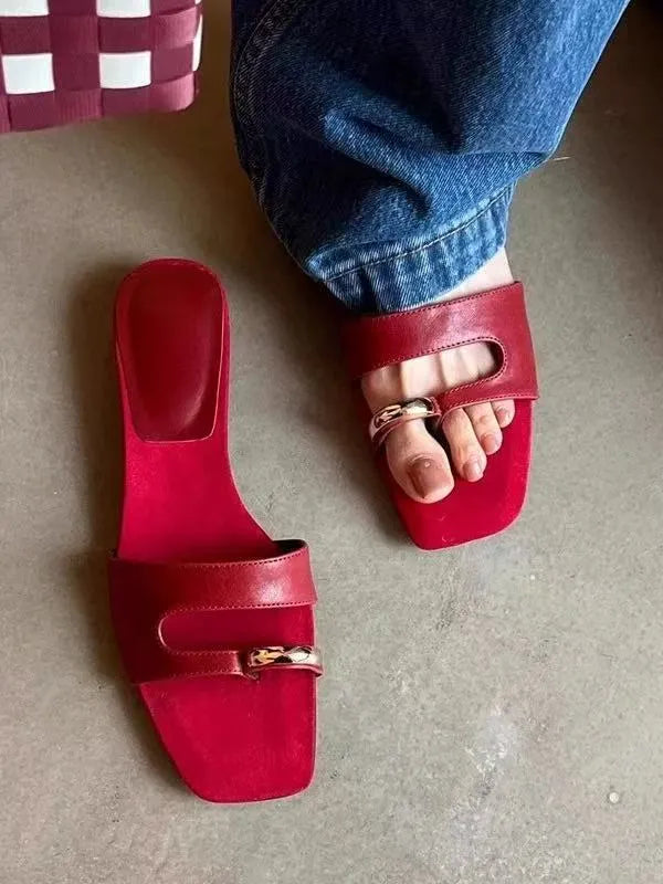 Square-toe plus size slippers in leather and rubber, shown in red, white, black, and silver colour options.