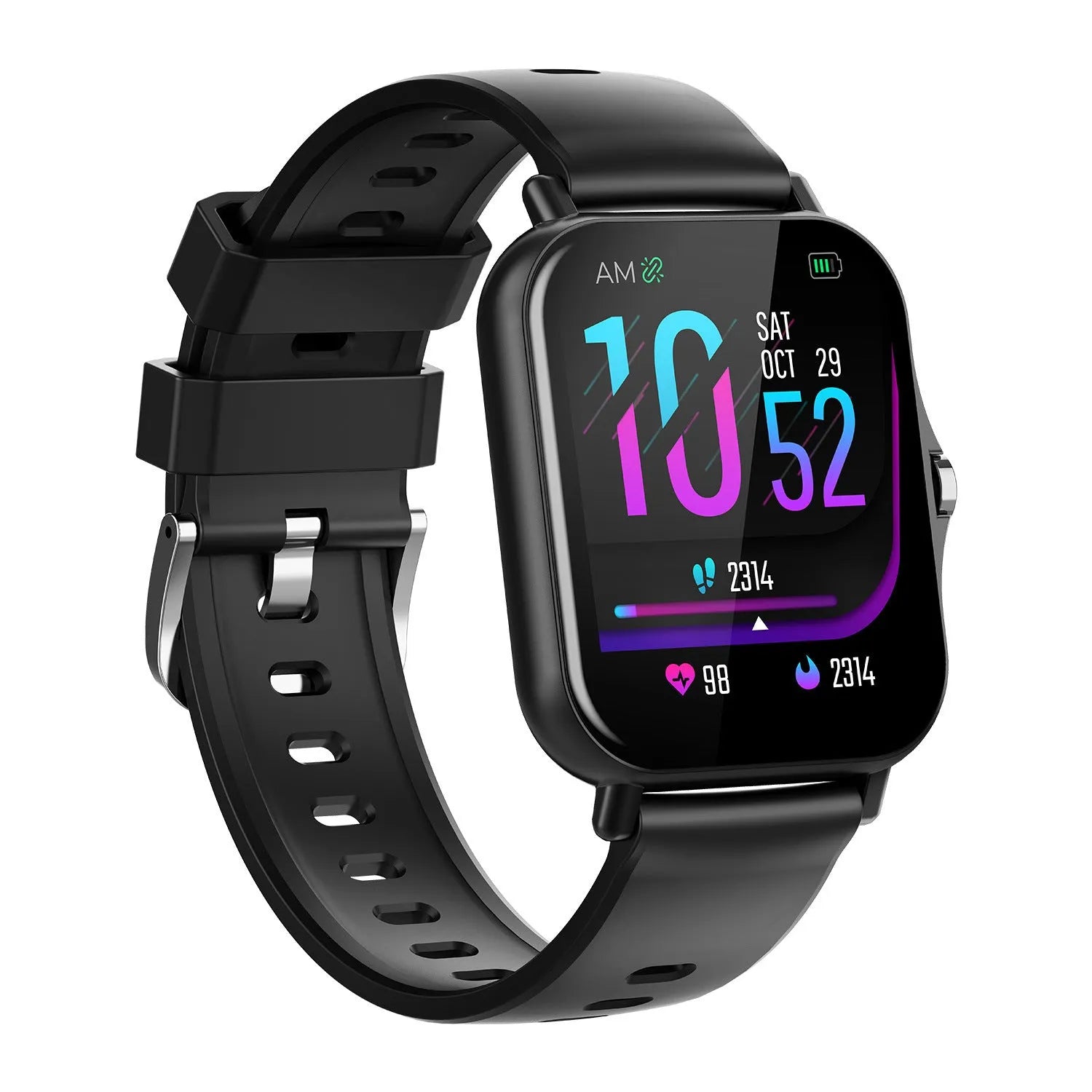 Smart watch with curved touch screen displaying heart rate monitoring interface in blue colour option