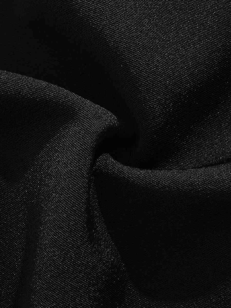 Men's black loose-fit casual shorts with a semi-elastic waistband, colour button, and zipper fly.