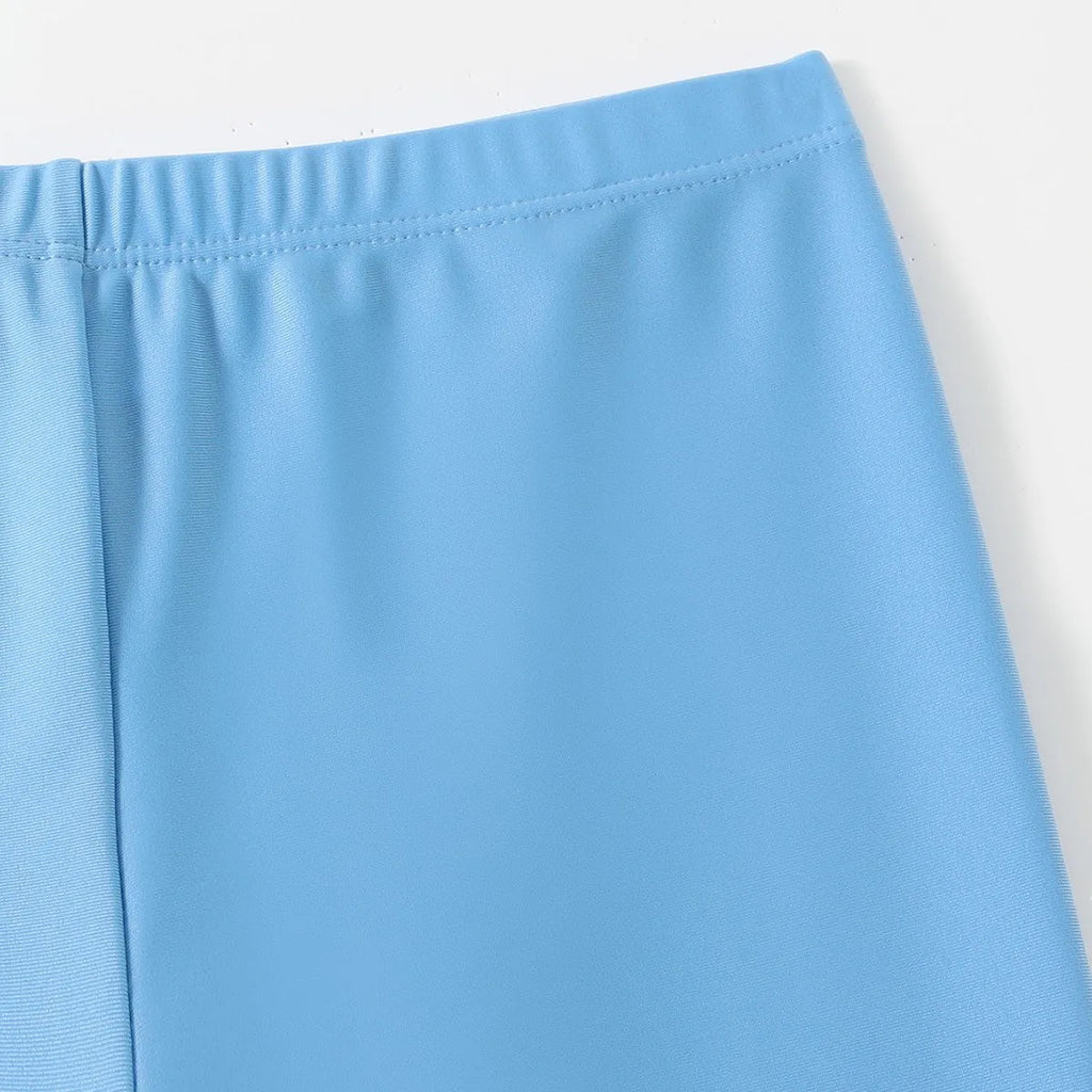 Children's blue split long-sleeve long-trouser three-piece swimsuit on a white background, sizes 120-160