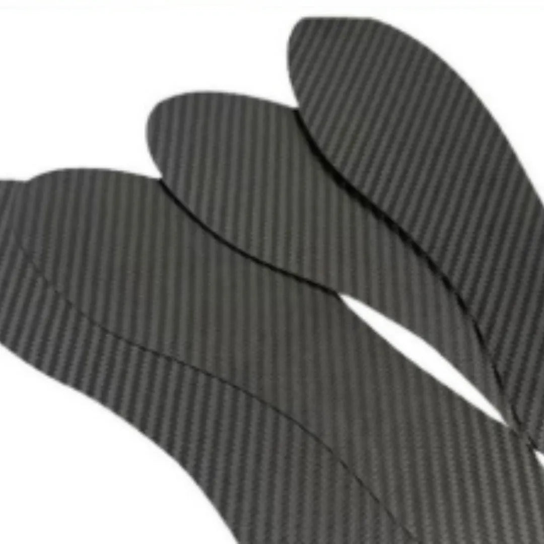 Black 3K full palm carbon fibre running insoles for shock absorption shown in three thickness options