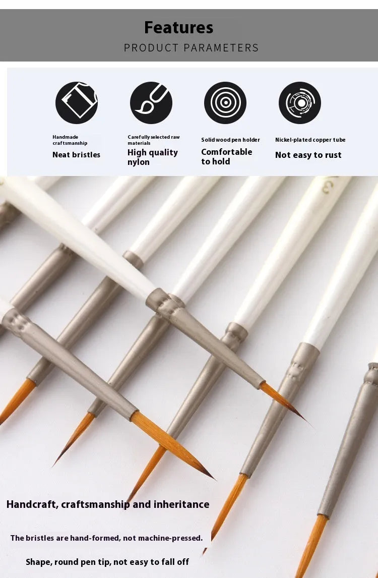 Set of 12 Pearl White artist paint brushes with nylon wool bristles, metal ferrules, and wooden handles.