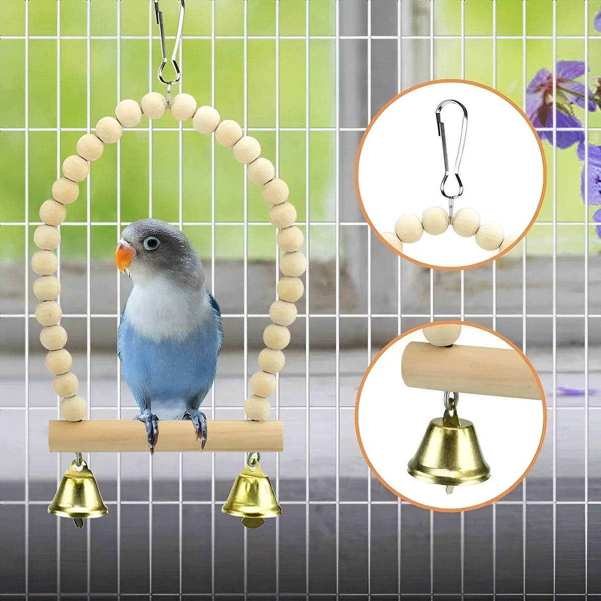 8-piece wooden parrot bite toy set with log, swing, ring, bell and string elements for small and medium birds