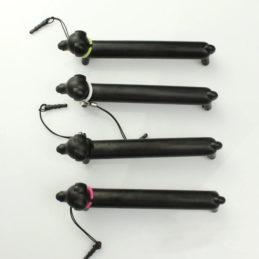 Black long puppy dog shaped touch screen stylus pen shown next to its carry socket