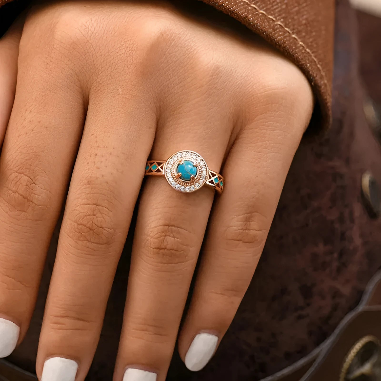 Women's turquoise geometric ring with micro-inlaid zircon on rose gold copper band.