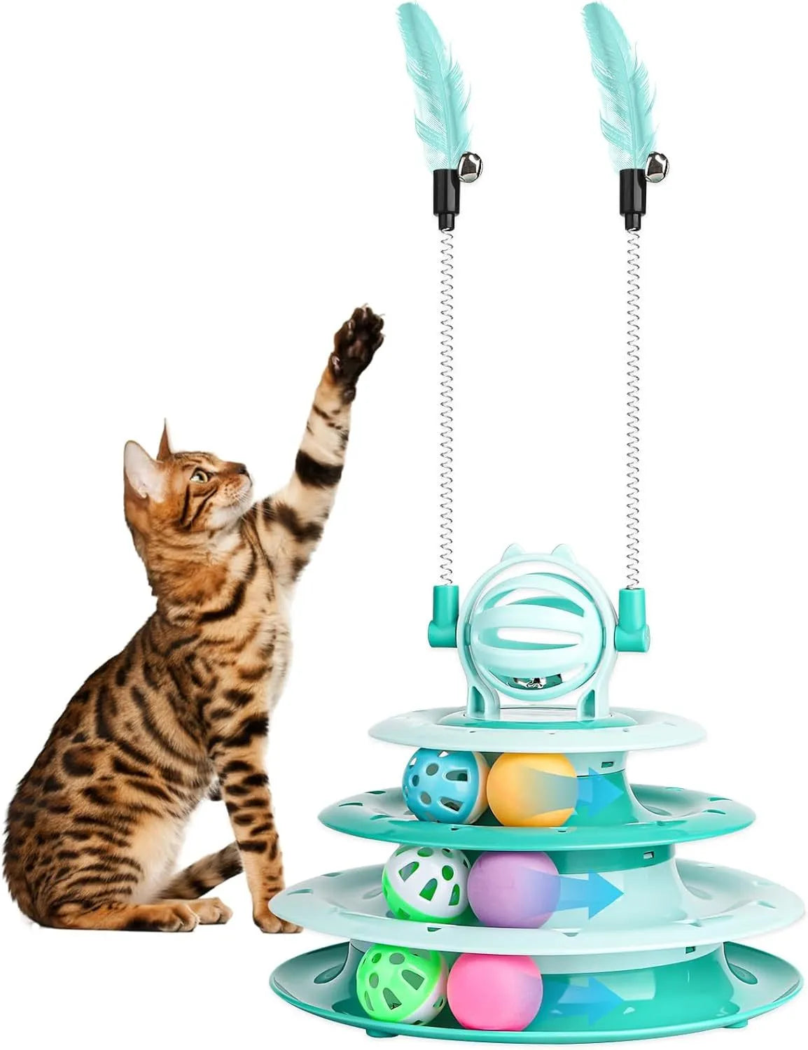 Blue 4-tier interactive cat puzzle toy with six plastic balls on circular tracks and teasing rods