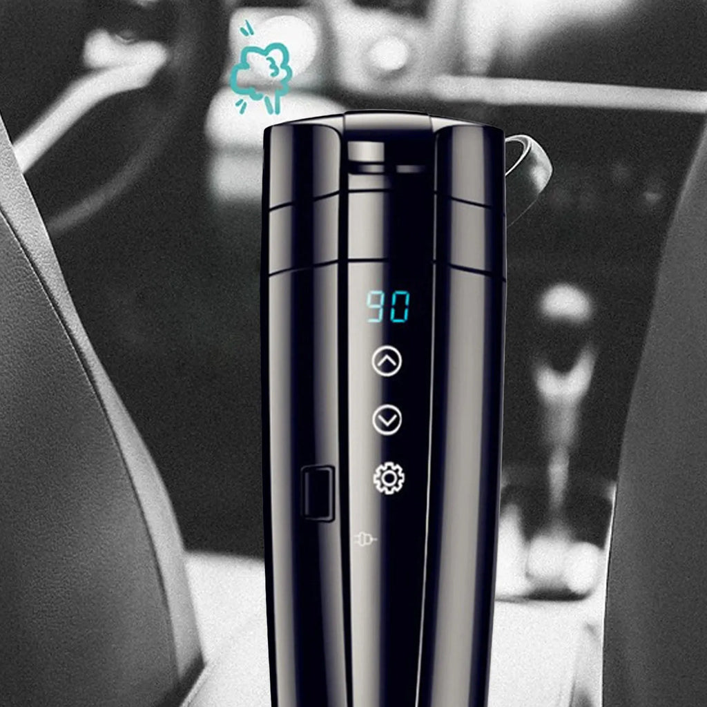 Black ABS and stainless steel electric car warm water cup with charging cable, 400ml capacity, 22cm height