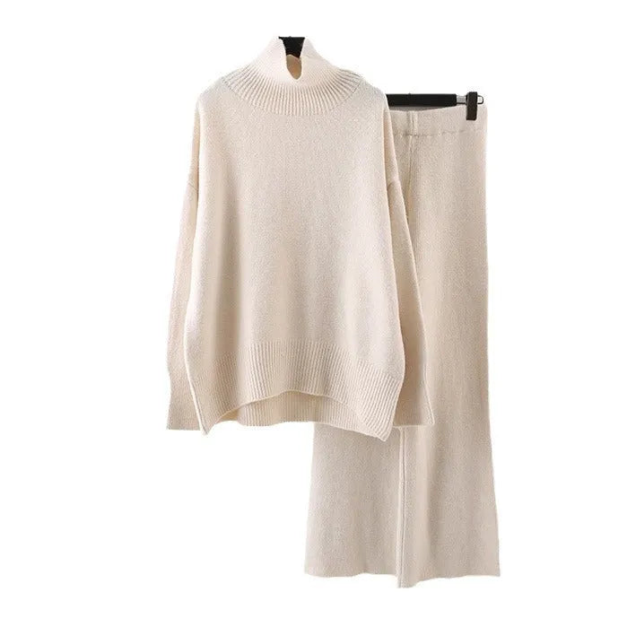 Women's milky white acrylic knit sweater and wide-leg trousers two-piece casual set.