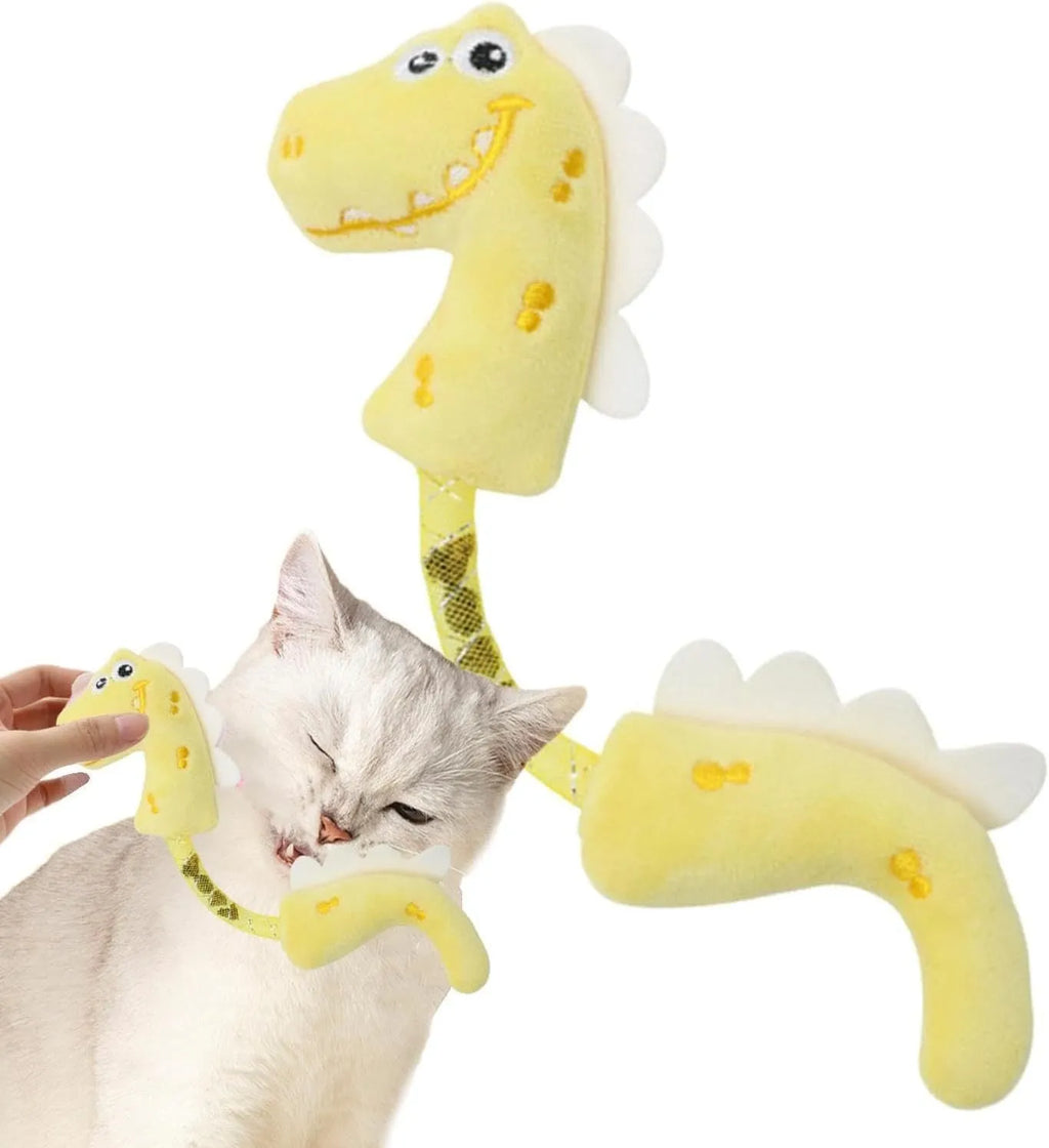 Set of four colourful cat toys including rope, springs, and plush kickers on a white background.