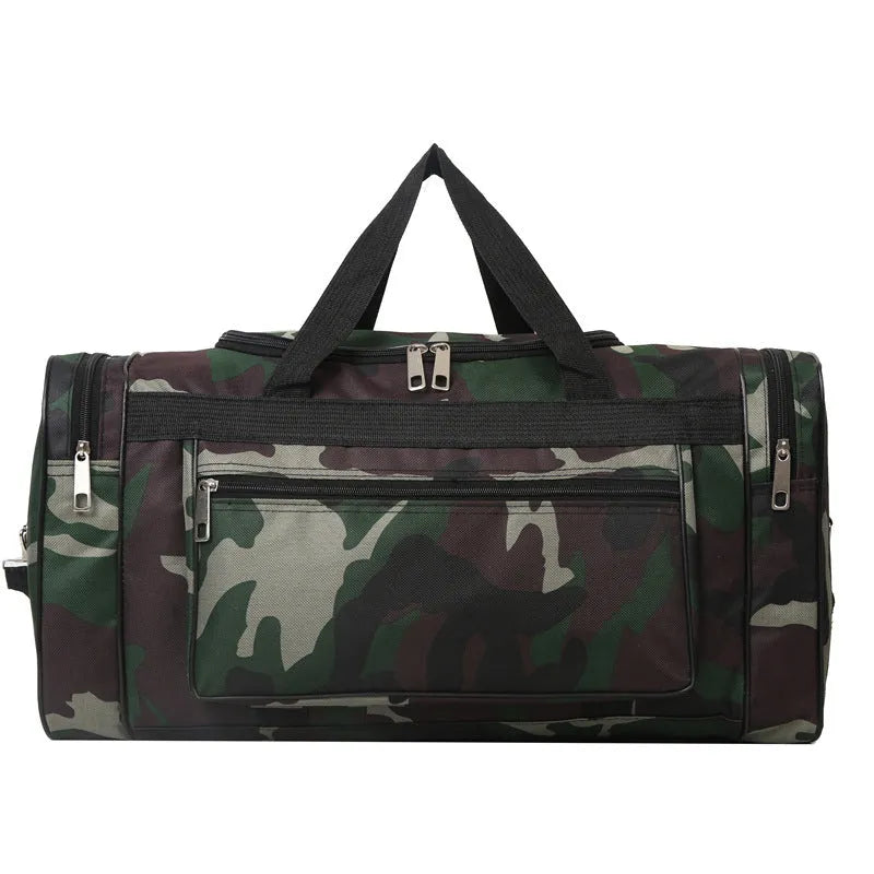 Green camouflage waterproof luggage bag with 20L capacity and urban design.