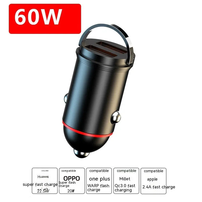 Black zinc alloy car charger with USB port for 200W fast charging in vehicles