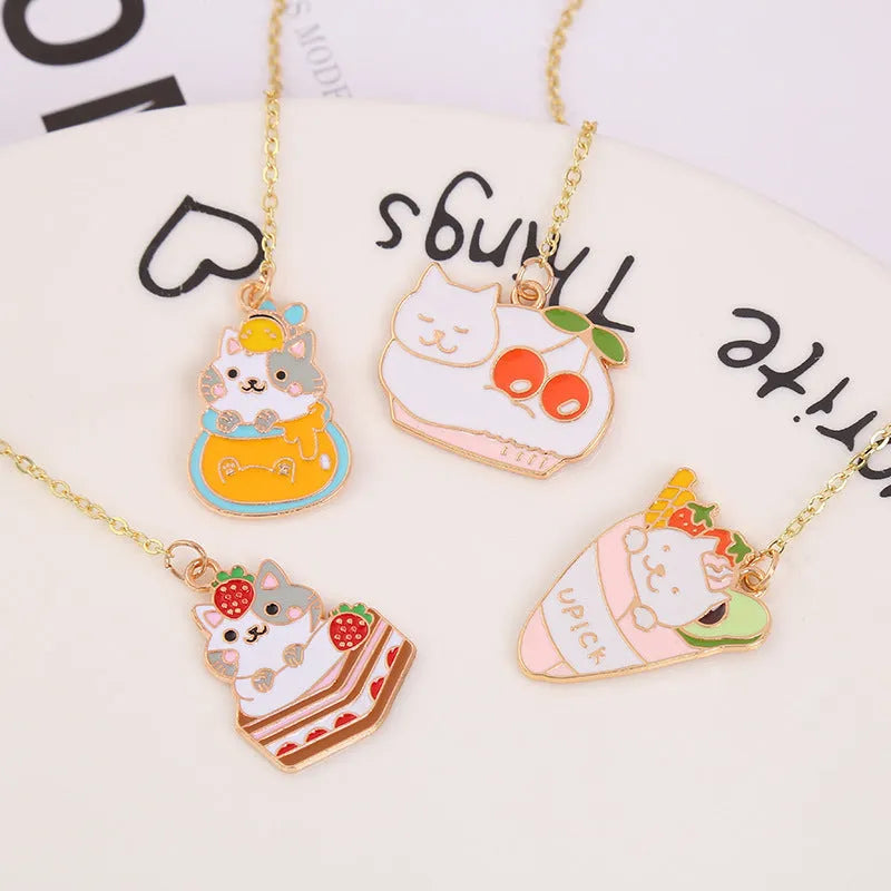 Jane Key Foodie Cute Pet Cat metal pendant bookmark in Strawberry Cake Cat design on a 3.8x18.3cm card.