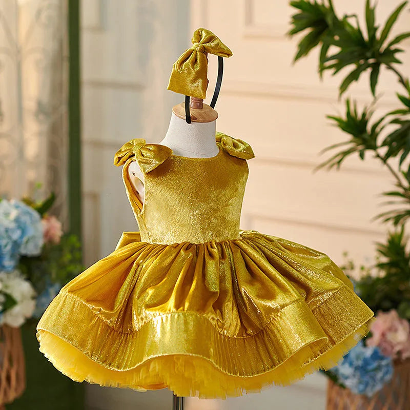Golden short princess dress for girls, polyester, cute casual style, available in sizes 80-160cm