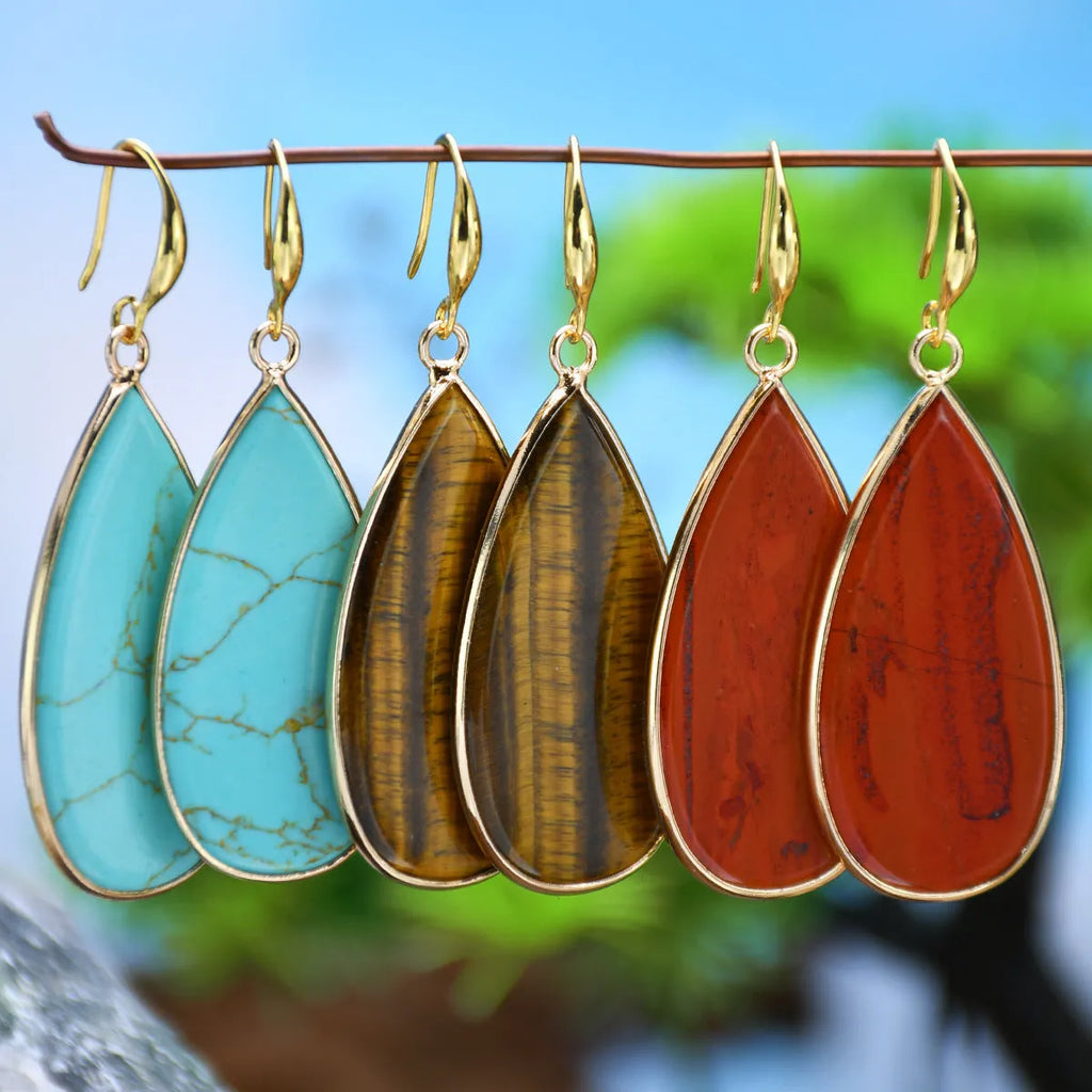 Vintage long water drop stone earrings in Tigereye, amethyst, pink crystal, Redstone and turquoise colours