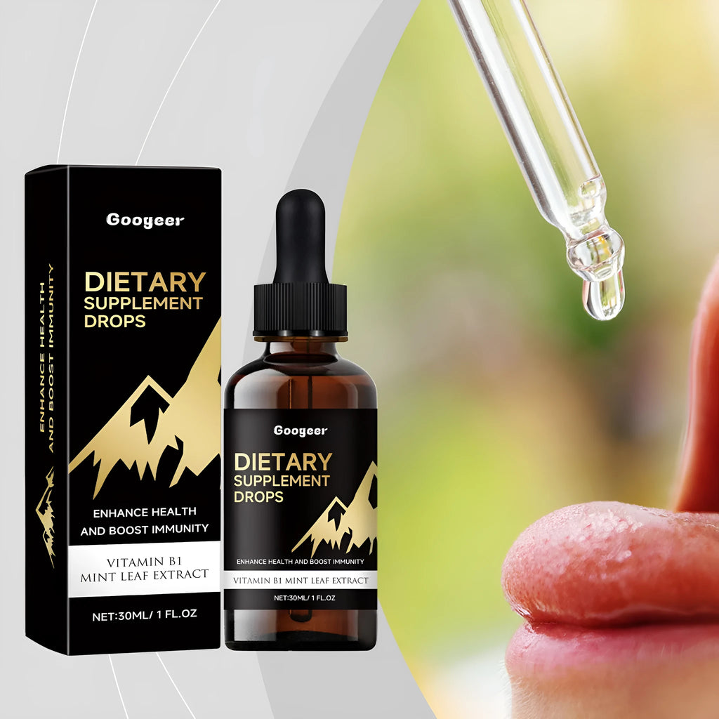 Glass dropper bottle containing amber liquid dietary supplement drops for amino acids and vitamin B12.