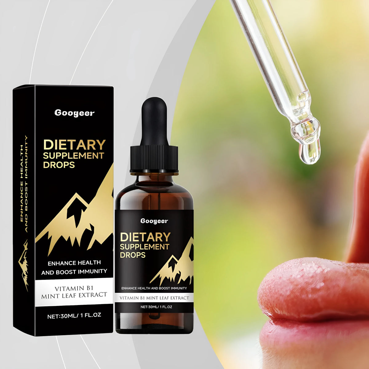 Glass dropper bottle containing amber liquid dietary supplement drops for amino acids and vitamin B12.