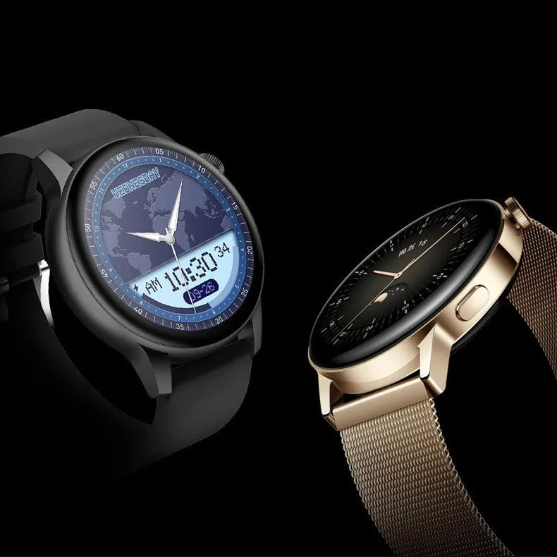 Black stainless steel smart watch with a circular colour screen showing a watch face.