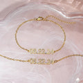 Stainless steel digital bracelet and necklace with diamonds on the numbers, shown in gold, rose gold and steel colour options.