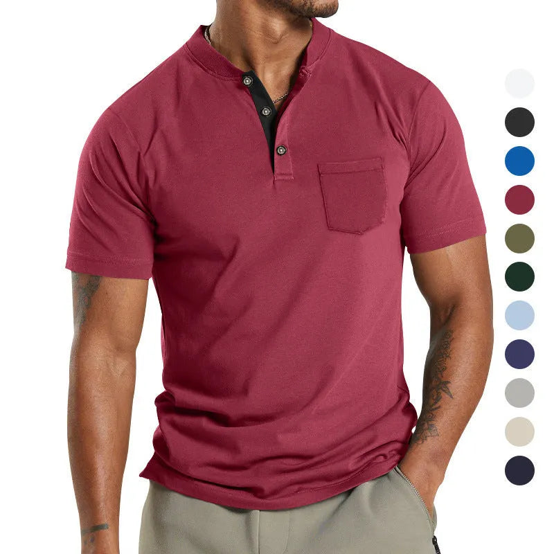Men's plus size short sleeve polyester polo shirt with button chest pocket in solid colour