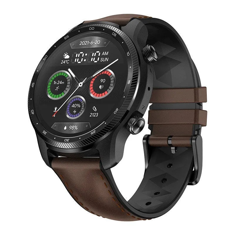 Ticwatch Pro X black smartwatch on wrist showing dual-layer display with time and heart rate.