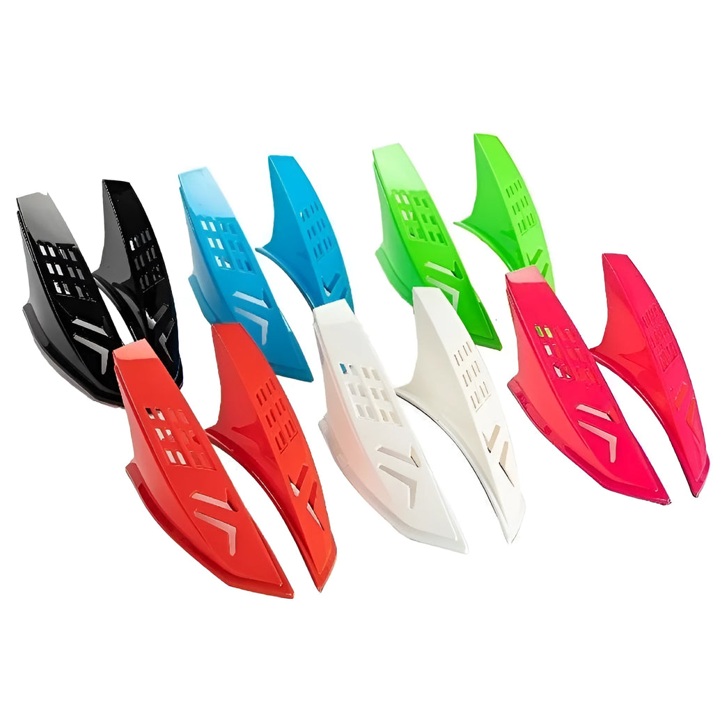 A pair of coloured adhesive-backed horns for decorating a child's motorcycle or ski helmet.
