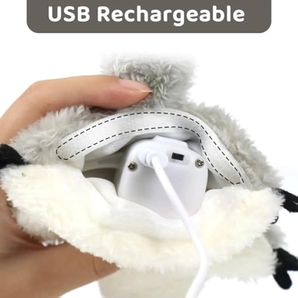 Gray squirrel cat kicker toy with flapping wings and USB charging port