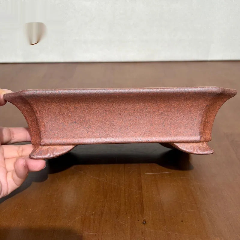 Light brown stoneware rectangular bonsai flowerpot, 17cm bottom diameter, high temperature fired