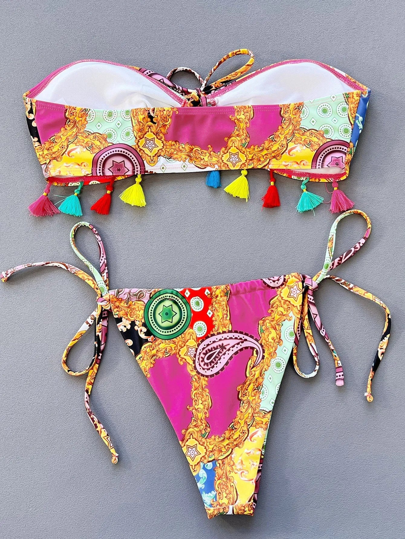 Women's printing pattern bikini set with tube top and briefs in polyester fabric