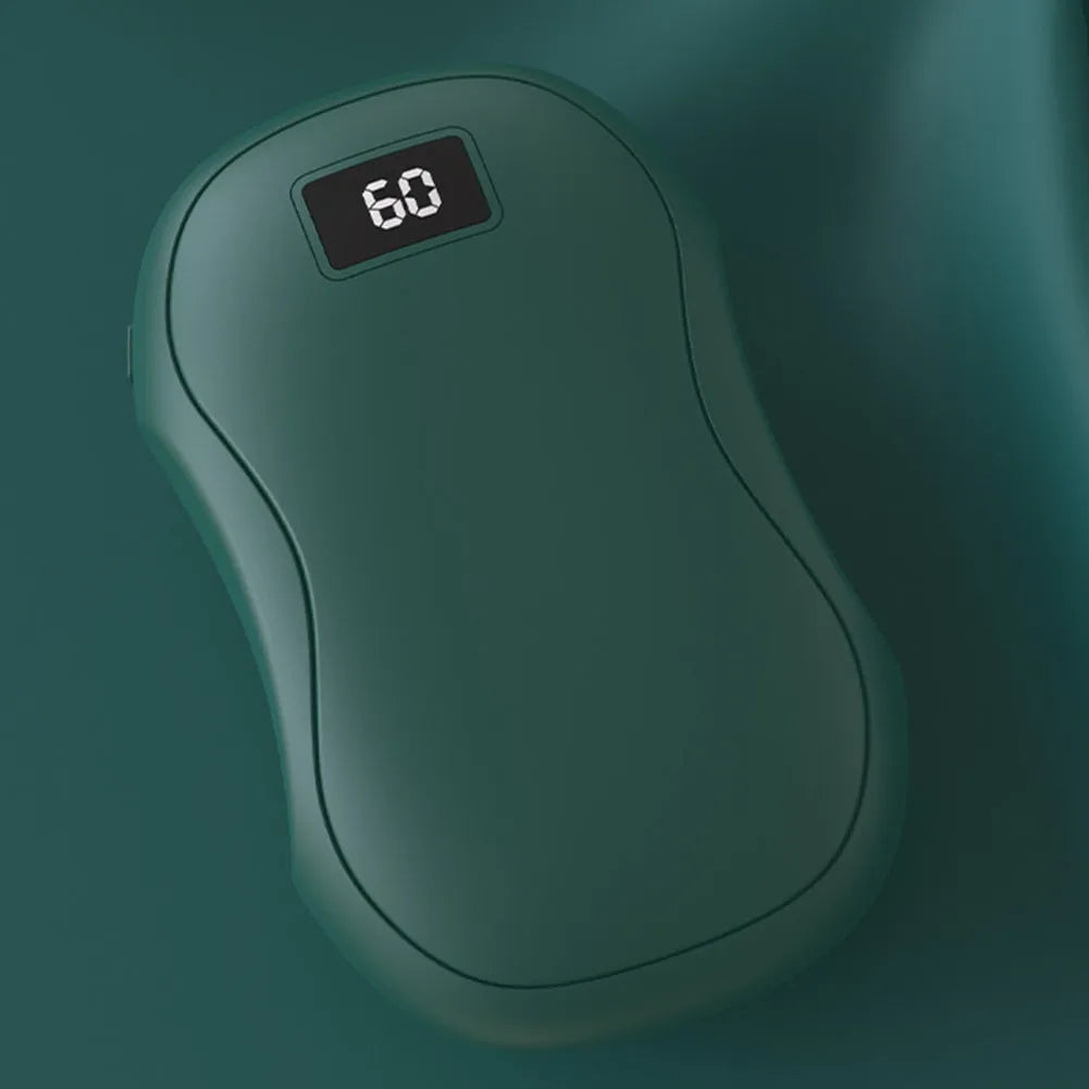Electric hand warmer with digital display, available in multiple colours, on a white background