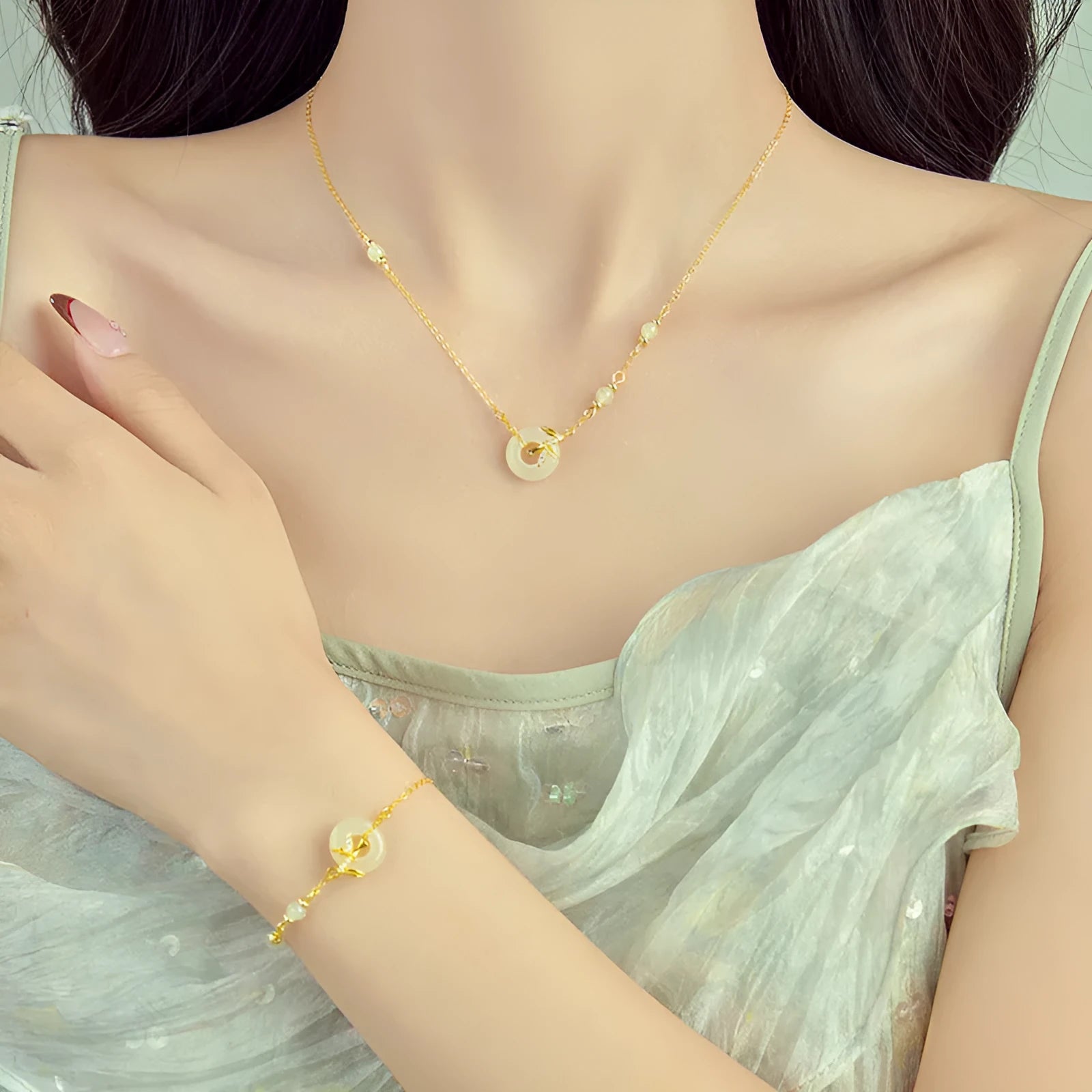 Women's antique style 925 silver bracelet with Hetian jade and peace buckle safety clasp in gold finish