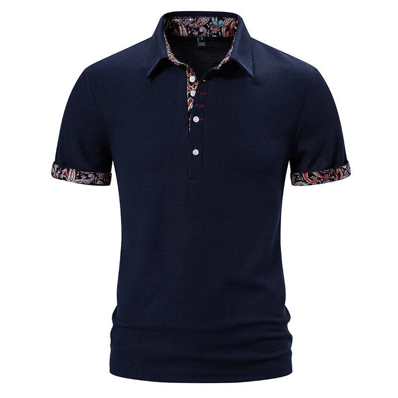 Men's short sleeve polo shirt with colour contrast stitching on turnover collar in cotton blend fabric