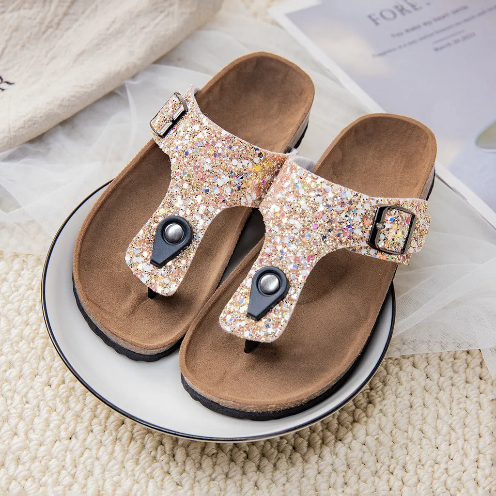 Cork beach flip-flops with frosted finish artificial leather uppers and PVC soles in pink colour