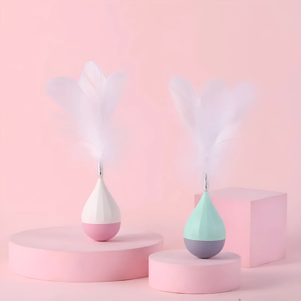 Feather tumbler cat toy with goose feathers, ABS plastic construction and aluminium alloy core