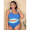 Women's polyester bikini set with high-waist briefs featuring contrasting stitching in solid colour