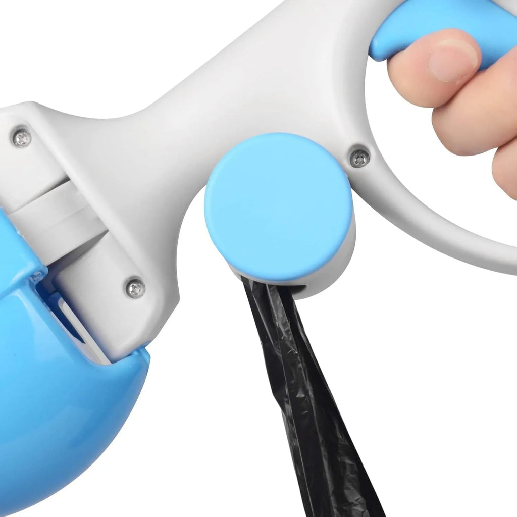 Blue ABS plastic pet pooper scooper with integrated trash bag holder and top carry hook.