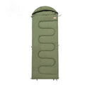 Ochre and olive green ultra-light cotton camping sleeping bag quilt rolled up.
